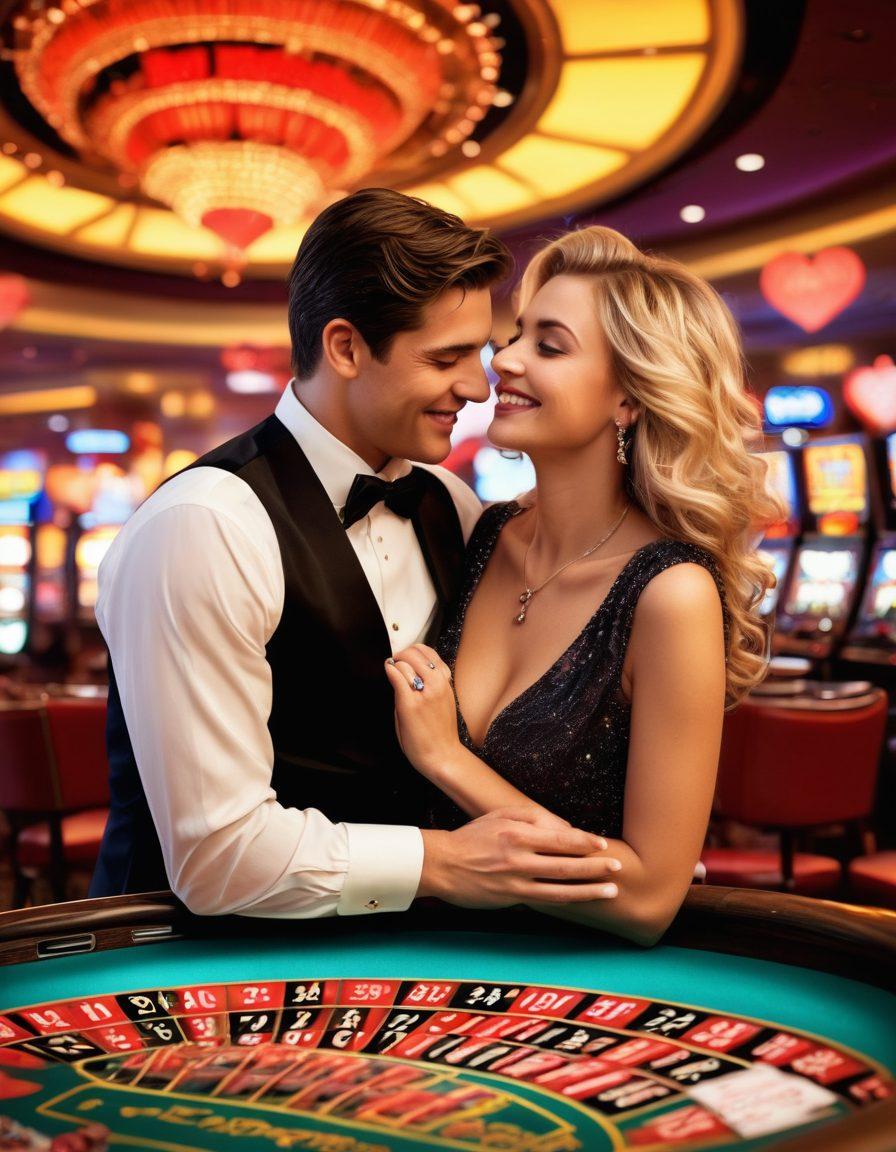 A whimsical scene combining elements of love and casino excitement; a couple embracing in front of a brightly lit casino, surrounded by floating hearts and playing cards. The couple's expressions radiate joy as they hold hands, with slot machines and roulette wheels in the background, intertwining romance with the thrill of gambling. The colors are vibrant and inviting, highlighting the playful atmosphere. super-realistic. vibrant colors. magical glow.