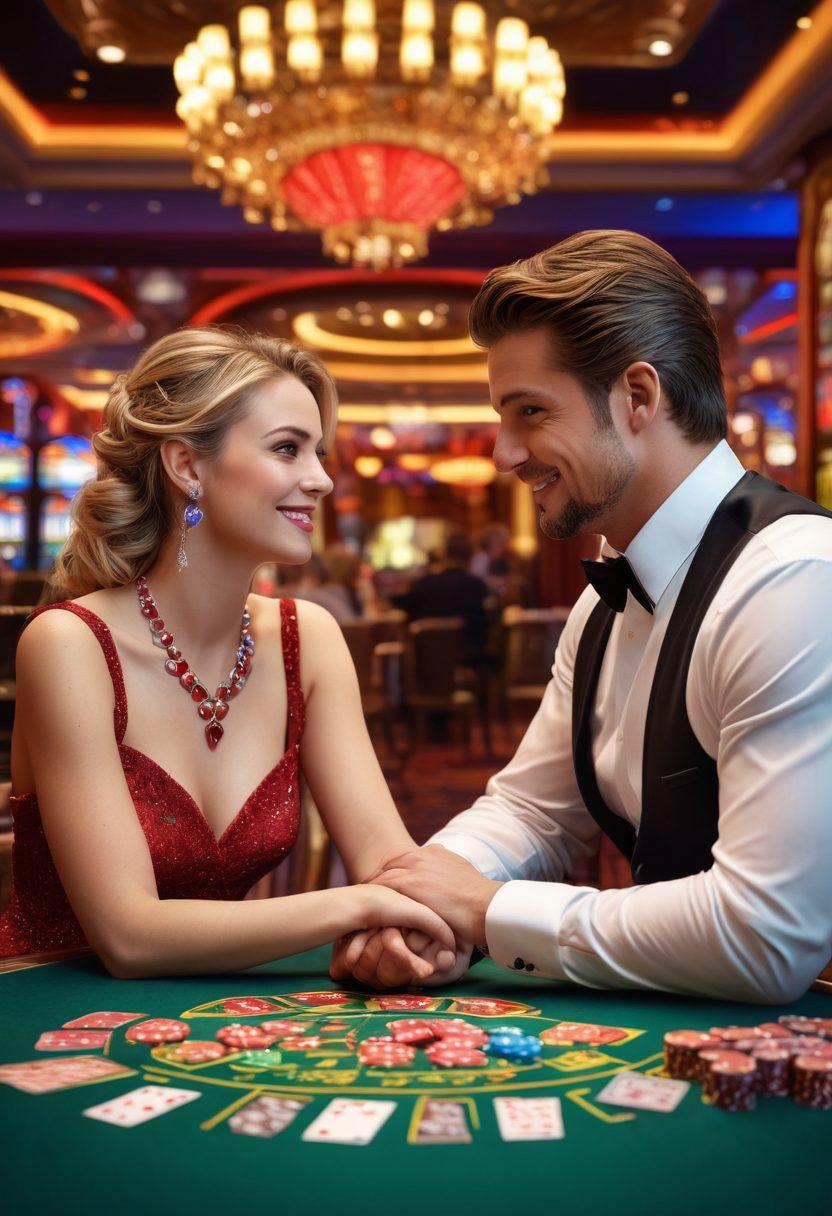 A romantic casino scene with a couple joyfully playing poker at a vibrant, elegantly decorated table, surrounded by glowing slot machines and soft ambient lights. Their hands are intertwined over a stack of colorful chips, with hearts subtly integrated into the design of the cards. The background features an upscale gambling atmosphere, with glass chandeliers and plush seating. The image captures an essence of passion and thrill merging in love and gambling. super-realistic. vibrant colors. 3D.