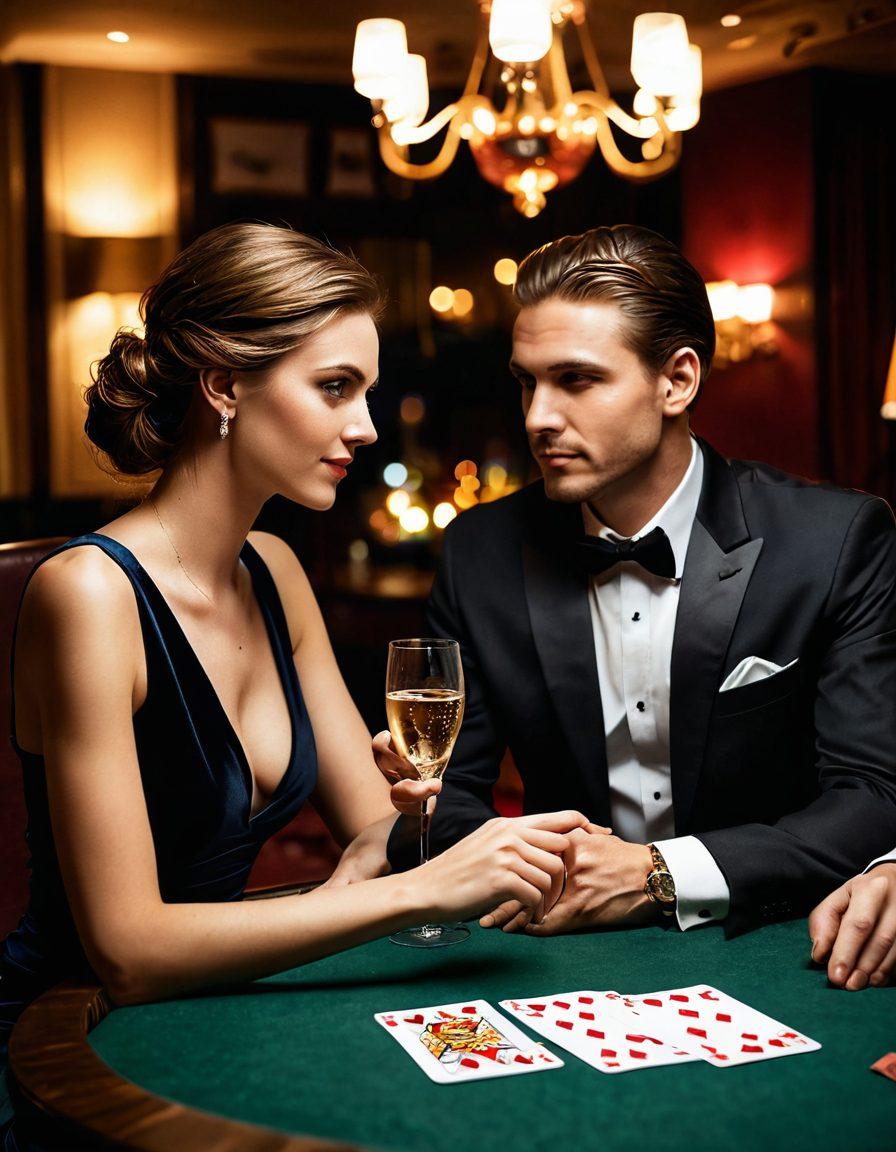 A romantic setting where a couple is playing poker in a dimly lit, stylish lounge, their eyes filled with excitement and intrigue. Surrounding them, hints of luxury like champagne glasses and cards scattered artistically. The ambiance exudes a flirtatious tension, merging the thrill of gambling with the warmth of romance. Soft lighting creates an inviting atmosphere, highlighting their expressions. vibrant colors. 3D. cinematic.